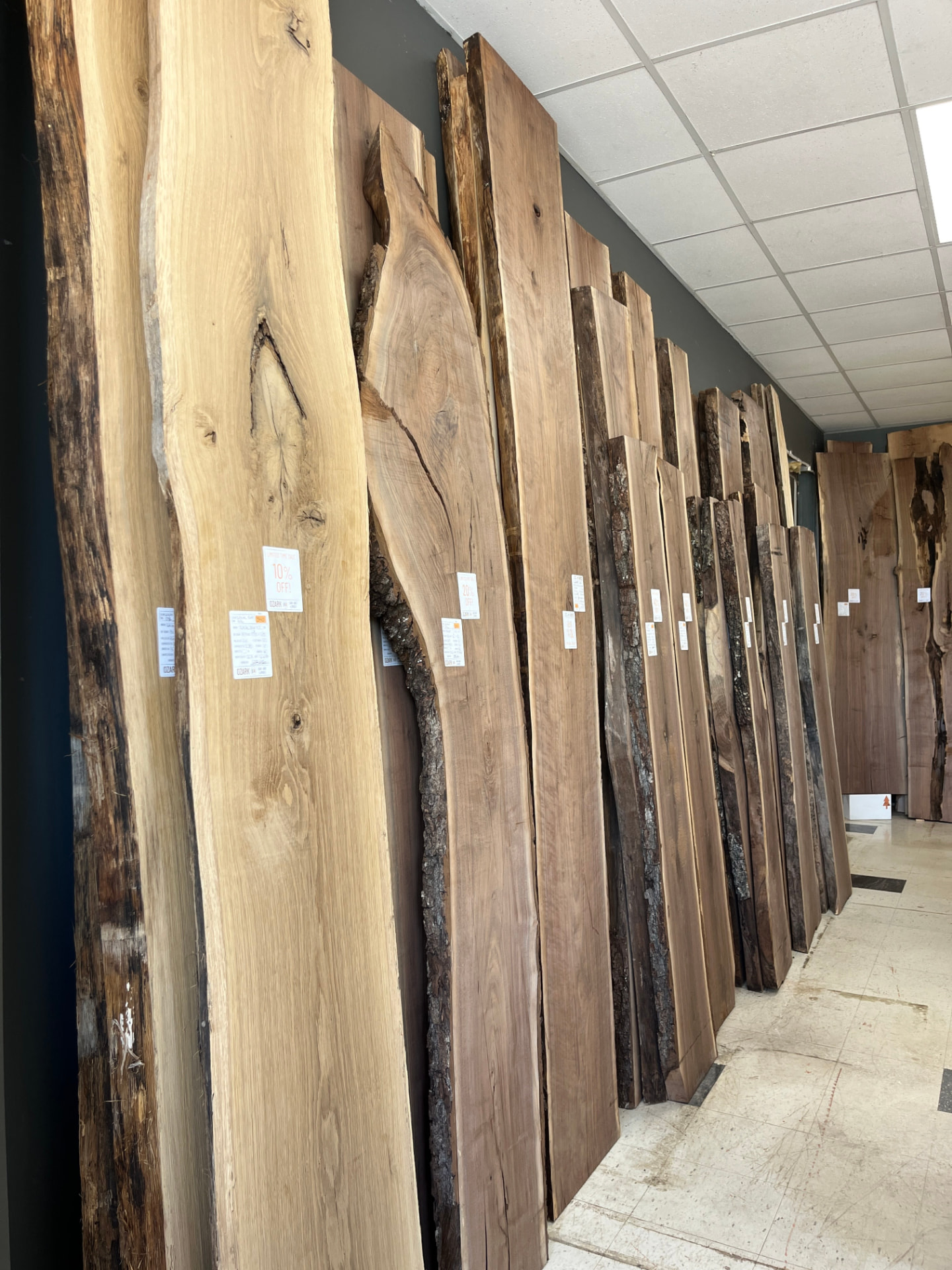 Live edge slabs on display along the showroom wall