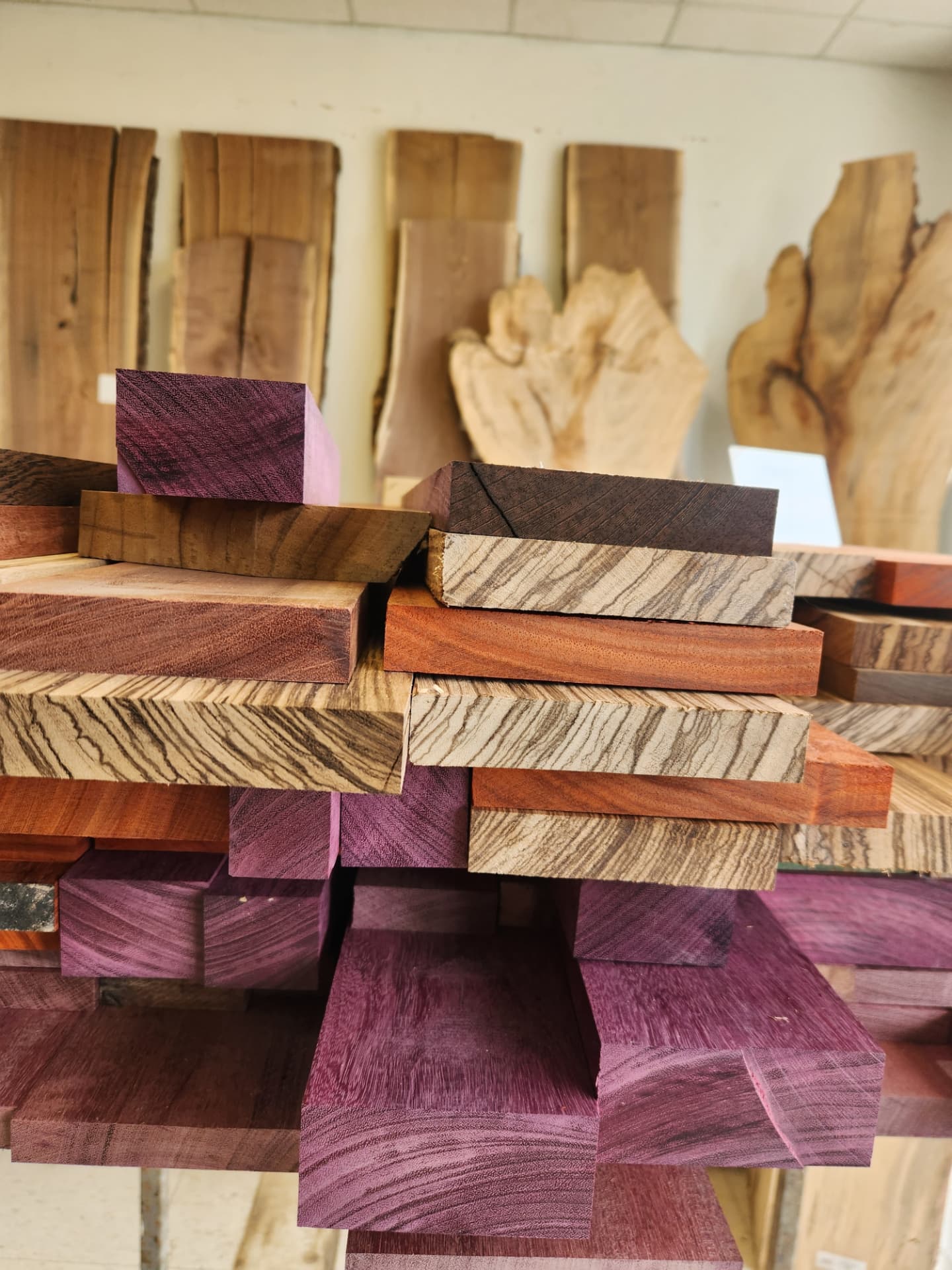 Exotic hardwood boards in the rack in Nixa, MO