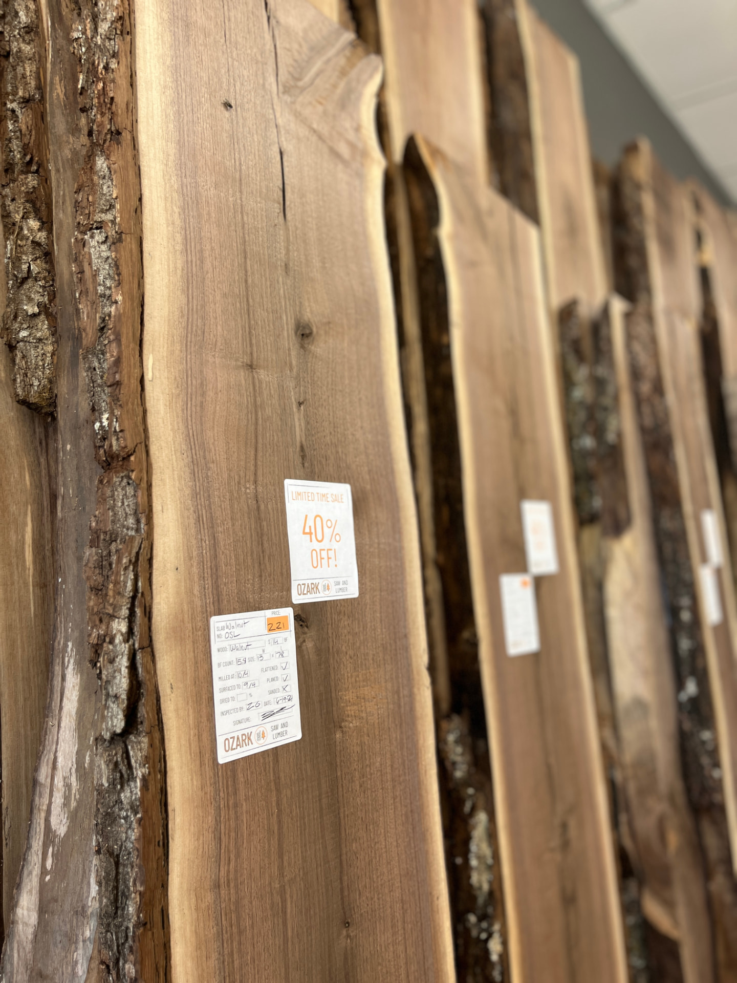 Walnut slab with OSL inspection and price tag