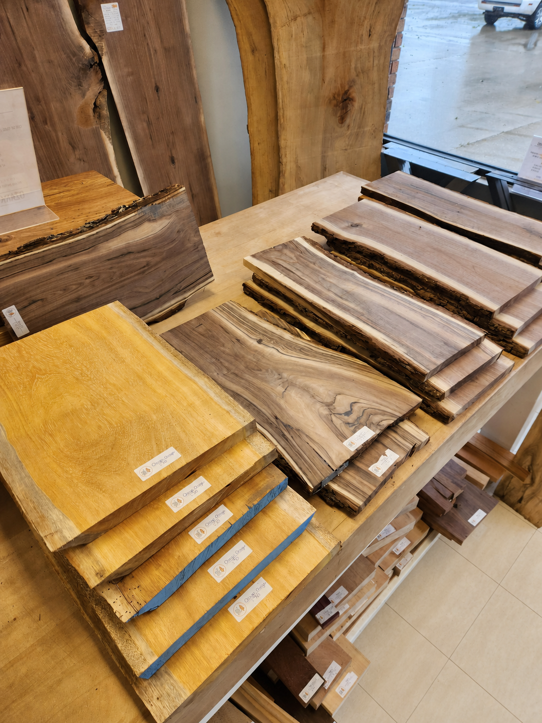 Cutting board blanks and small hardwood stock on display at OSL Hardwood Store