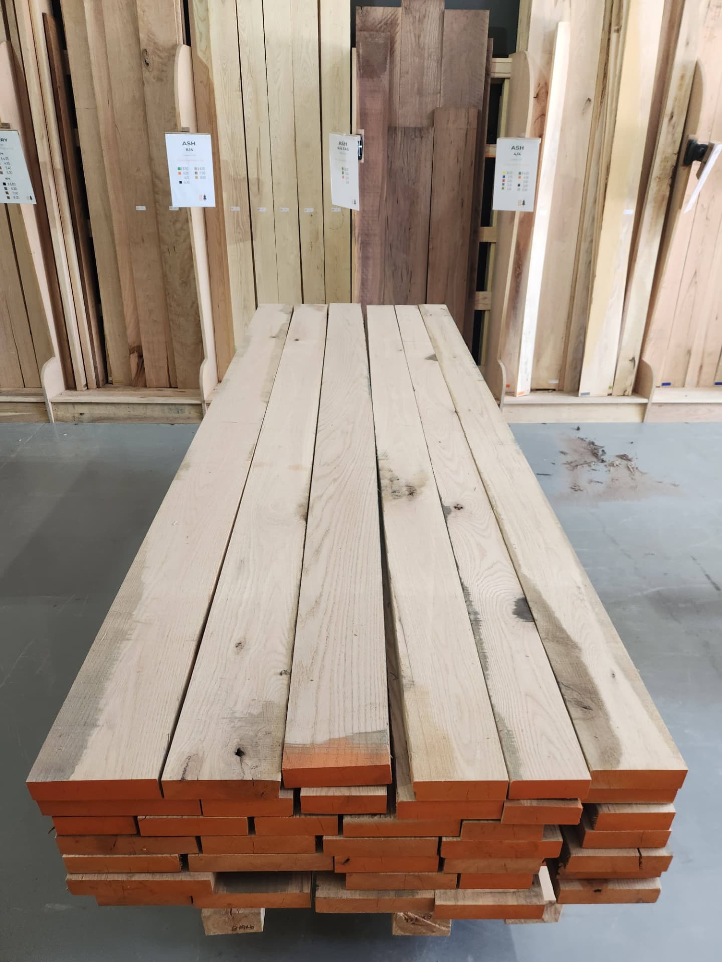 Red oak boards on the rack at OSL Hardwood Store in Nixa, MO
